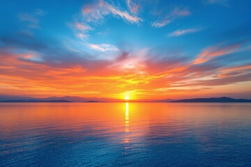 Obraz premium Beautiful sunset sky over calm sea with colorful clouds and reflections.