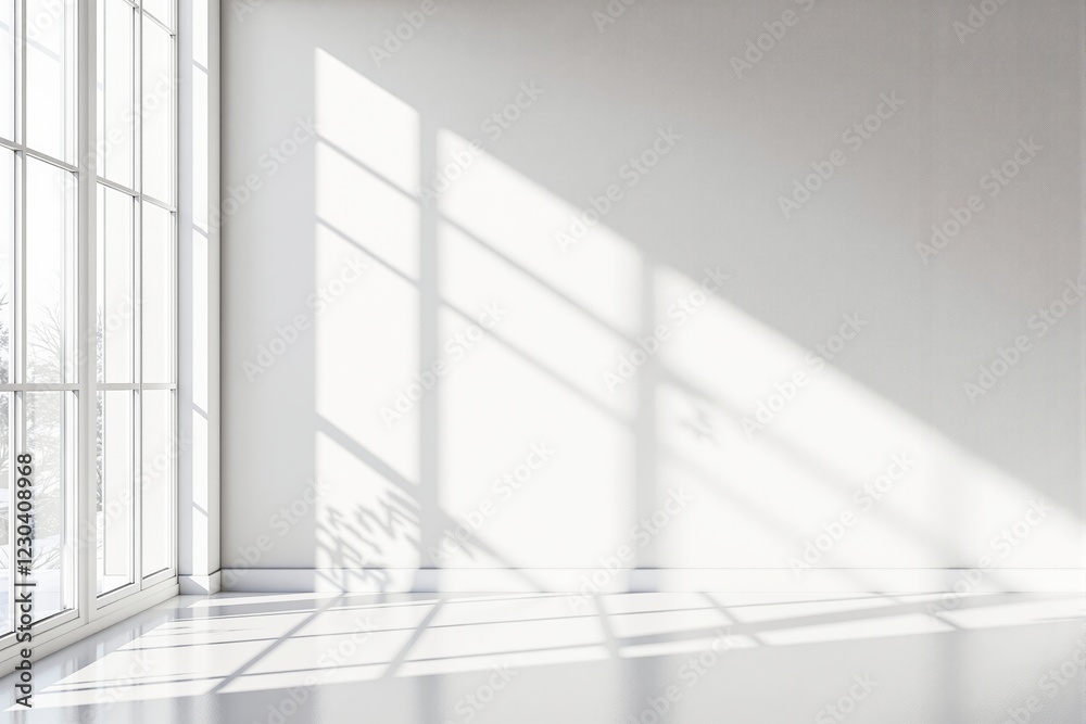 Poster minimalist space with sunlight streaming through large windows on a white wall and floor.