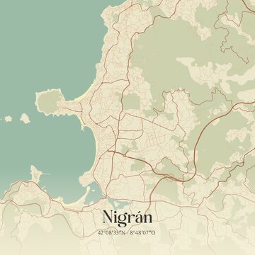 Retro Spanish map of Nigr�n, Galicia. Vintage street map.