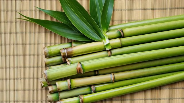 Fresh bamboo shoots with vibrant leaves arranged on a natural mat for culinary use, Fresh bamboo shoots with leaves on mat