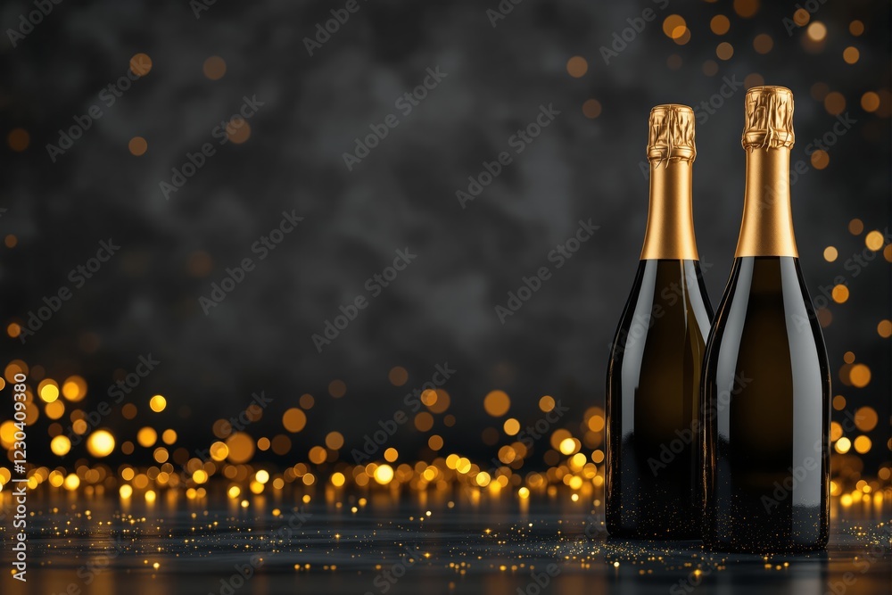 Poster two champagne bottles with golden caps on a dark festive background with golden bokeh lights.