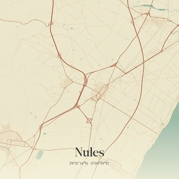 Retro Spanish map of Nules, Comunidad Valenciana. Vintage street map.