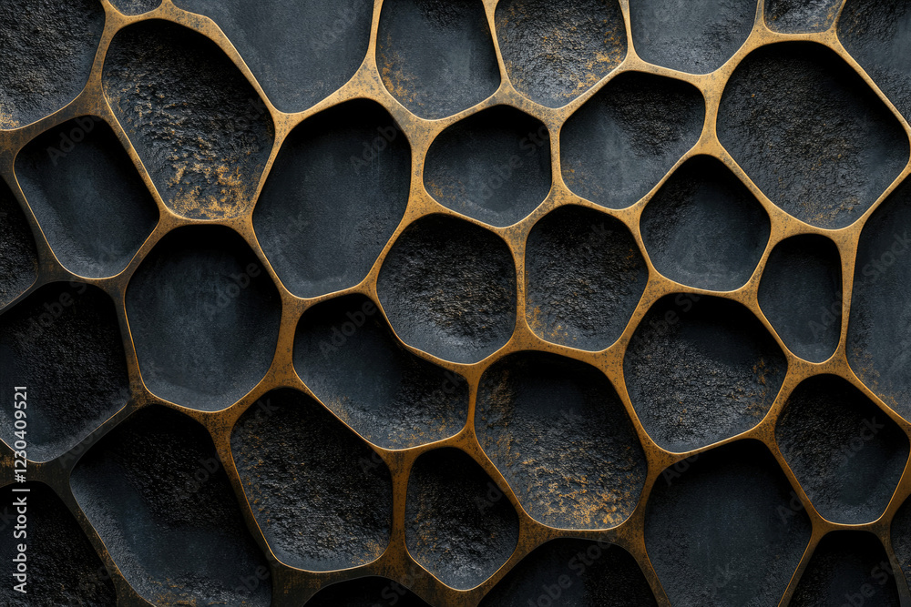 Poster abstract dark textured background with gold organic shapes, resembling a honeycomb or cellular struc