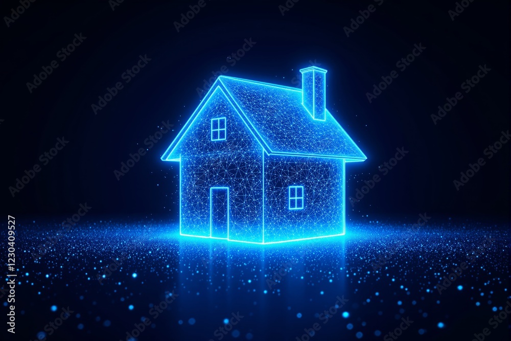 Poster glowing digital house structure made of blue light points and lines on a dark background.