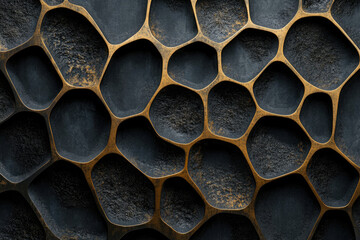 Abstract dark textured background with gold organic shapes, resembling a honeycomb or cellular structure.