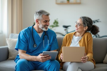 Obraz premium Medical professional and woman communicating in a relaxed home setting.