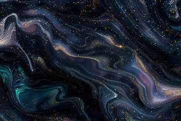 Obraz premium Seamless Liquid Black Resin Texture with Pearlescent Glitter – Dark Abstract Fluid Art Background with Swirling Metallic Gold and Blue Accents, Perfect for Luxury, Cosmic, and Modern Designs