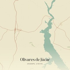 Retro Spanish map of Olivares de J�car, Castilla-La Mancha. Vintage street map.