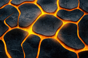 Glowing lava flows through cracked, dark volcanic rock, creating a mesmerizing texture.