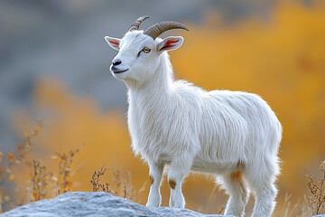 Young White Goat Standing On A Rock