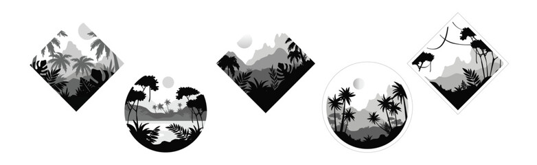 Obraz premium Tropical Rainforest Landscape with Palm Trees in Geometric Shape Vector Set