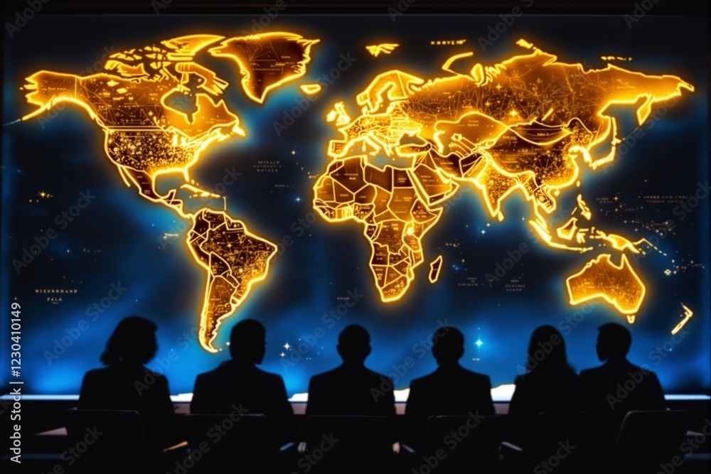 Poster illuminated world map in glowing golden lines with silhouettes of people in the foreground.