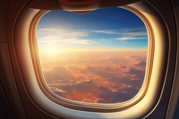 Fototapeta premium Airplane Window View: Breathtaking Landscape and Sunlight Reflected on Wing with Ellipse Shape, Lens Flare, Travel and Transportation Concept