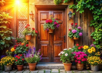 Rustic Brown Front Door Decorated with Vibrant Summer Flowers