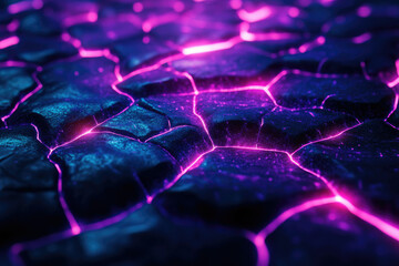 Abstract image of cracked dark surface with vibrant purple glowing lines, resembling futuristic lava or energy.