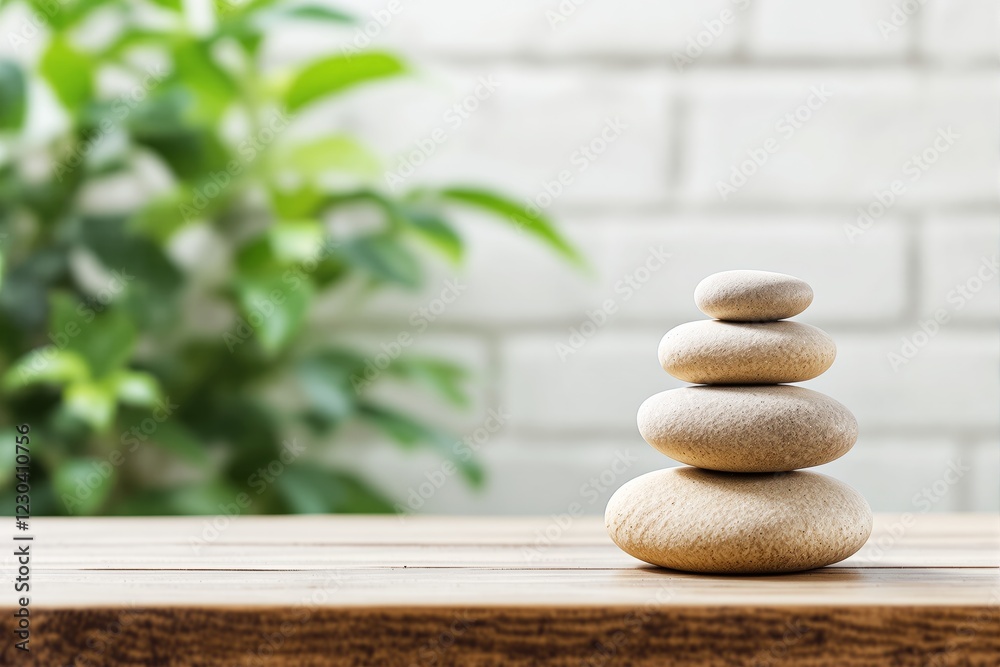 Poster stack of smooth stones on wooden table with blurred green leaves and brick wall in background.