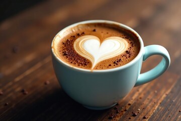 Fototapeta premium Coffee cup with a cocoa heart on the foam and sprinkles, sweet, indulgent