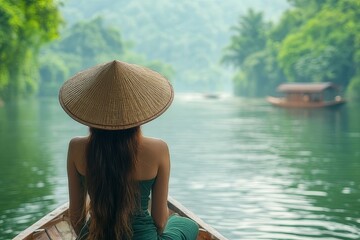 Woman in a conical hat sitting peacefully on a boat near lush greenery and calm waters in a serene landscape
