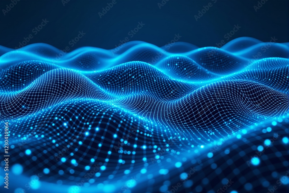 Poster abstract glowing blue wave gridlines on dark background.