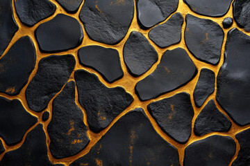 Black stone wall with golden grout lines; luxury, elegant texture.