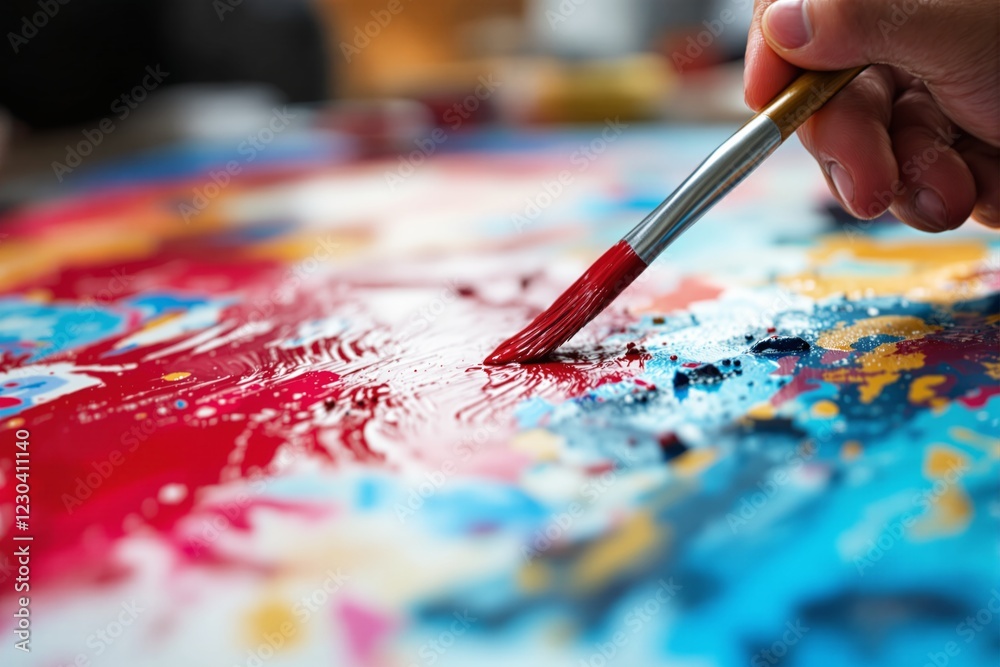 Poster abstract close-up of a hand painting with red brush on a vibrant colorful canvas.