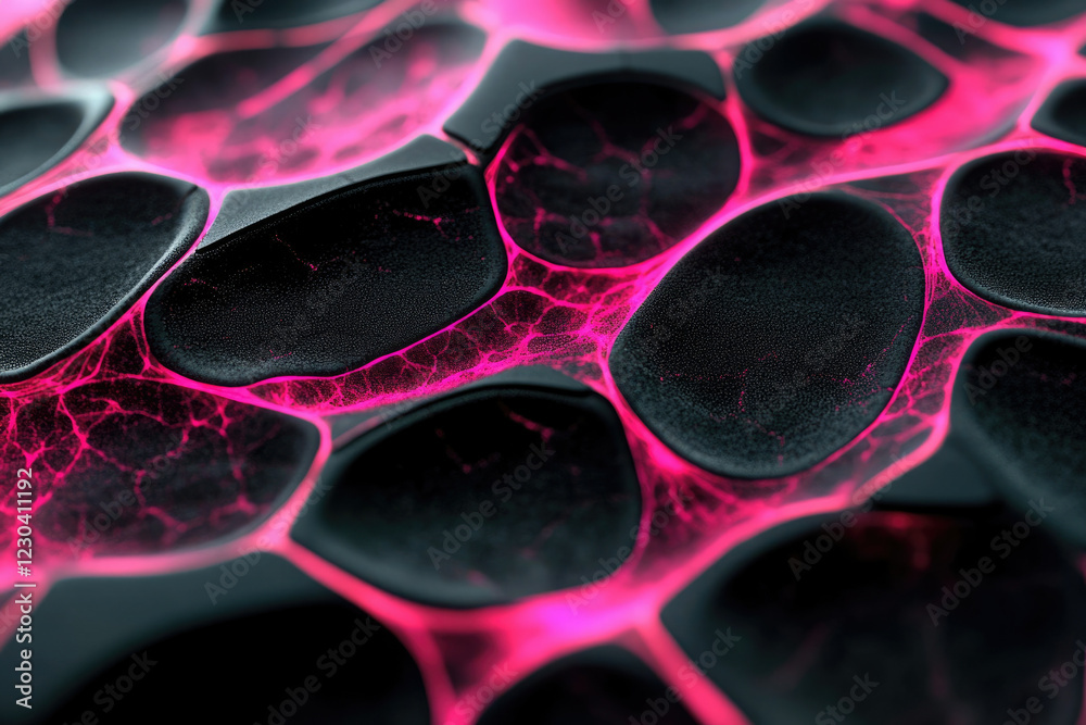 Poster abstract image depicting a network of interconnected, glowing pink veins on a dark, textured surface