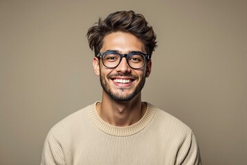 Fototapeta premium Portrait of a smiling man wearing glasses and a beige sweater on a neutral background.