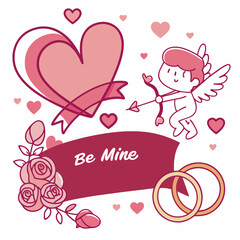 Cupid's Arrow: A playful illustration of Cupid aiming his arrow at a heart surrounded by roses, wedding rings, and a banner proclaiming "Be Mine". Perfect for Valentine's Day, romantic occasions.
