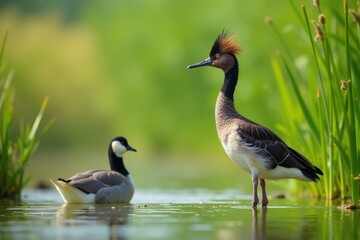 Obraz premium Crest held high amidst reeds green vegetation, waders, grebes, wildlife