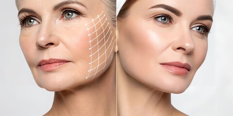 Before and after picture of a French lift &ndash; thread lifting for face tightening and skin rejuvenation