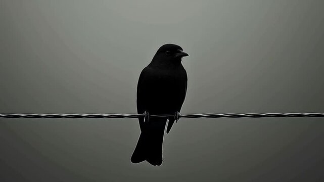 Minimalist blackbird sitting on a simple wire with a grey background, monochrome style, clean modern design, artistic nature scene.