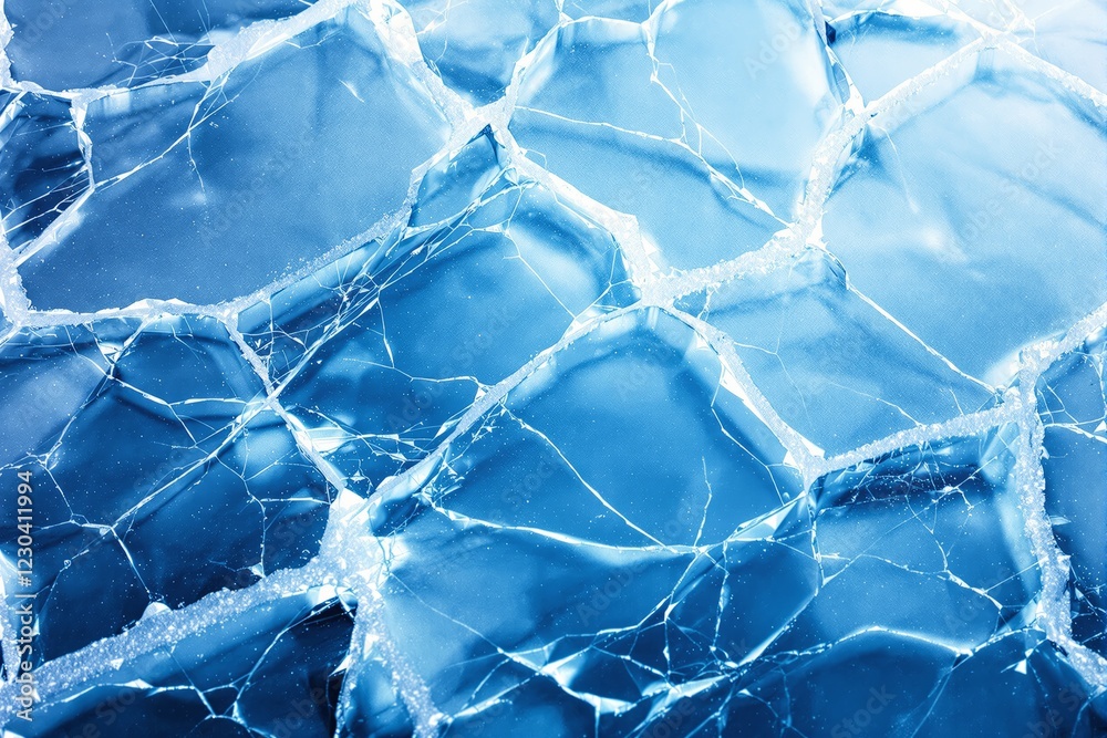 Poster close-up of cracked transparent blue ice texture with intricate patterns and light reflections.