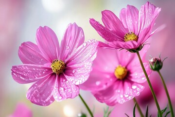 Obraz premium Pink Flowers with Dewdrops in Soft Focus with Sunlit Background . raindrop