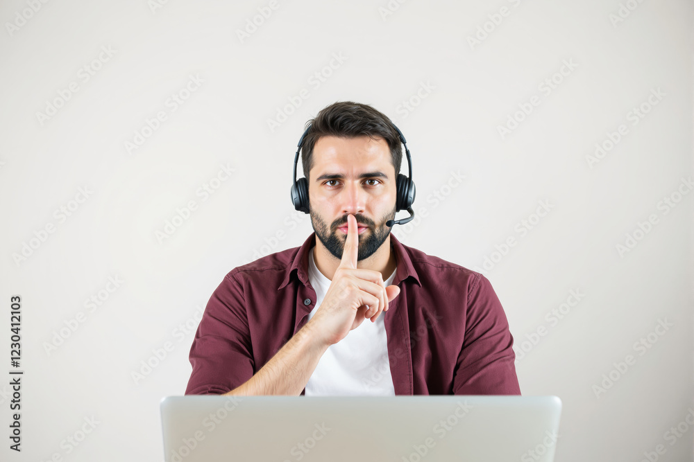 Aufkleber thoughtful man with headset gesturing silence while working on laptop against light background.