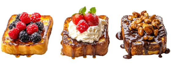 Delicious French toasts topped with berries, cream, and nuts