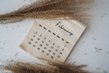 Beige linen fabric calendar with February month 2025 on a white background with copy space. Flat lay, template. Minimal top view aesthetic composition. Stylish, trend concept. Parisian vibes.
