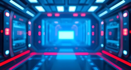 Obraz premium Futuristic Blue Neon Space Station Corridor Blur Effect, Technology background with abstract neon glowing lights.