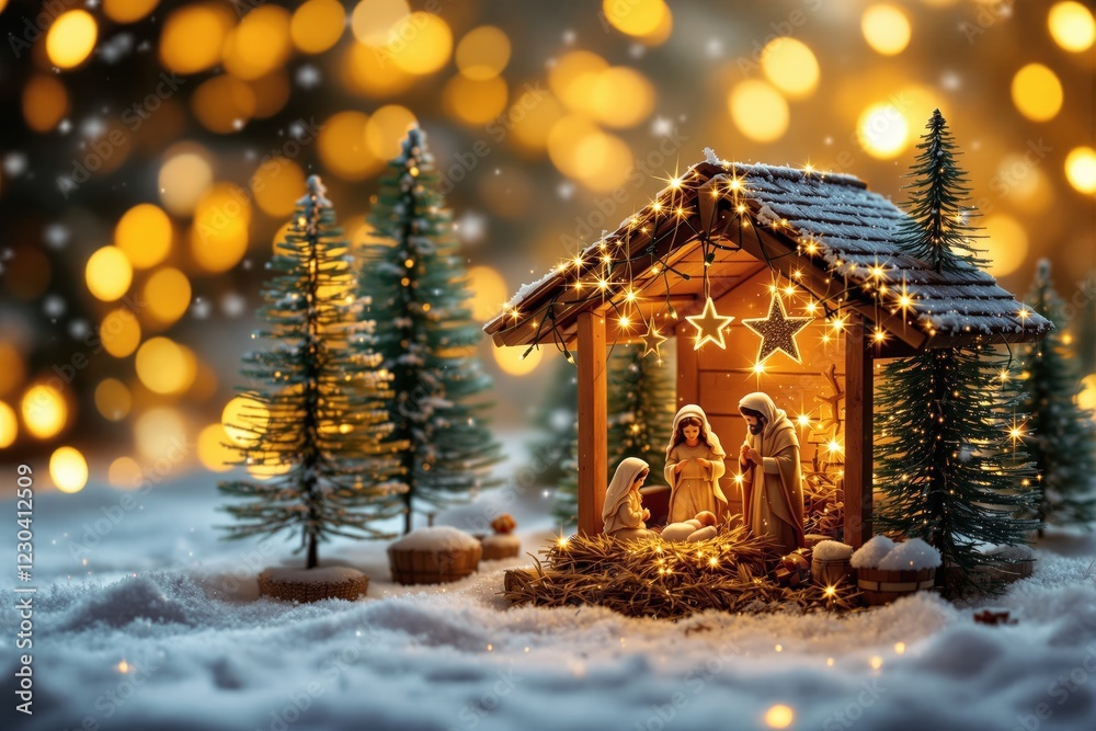 Poster christmas nativity scene with glowing lights in a snowy setting, surrounded by festive decorations a