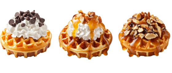 Delicious waffles topped with cream, chocolate, and nuts