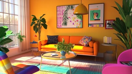 Vibrant living room with orange sofa, colorful rug and plants in a modern interior space