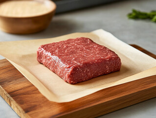 Ground beef prepared for cooking on a wooden board