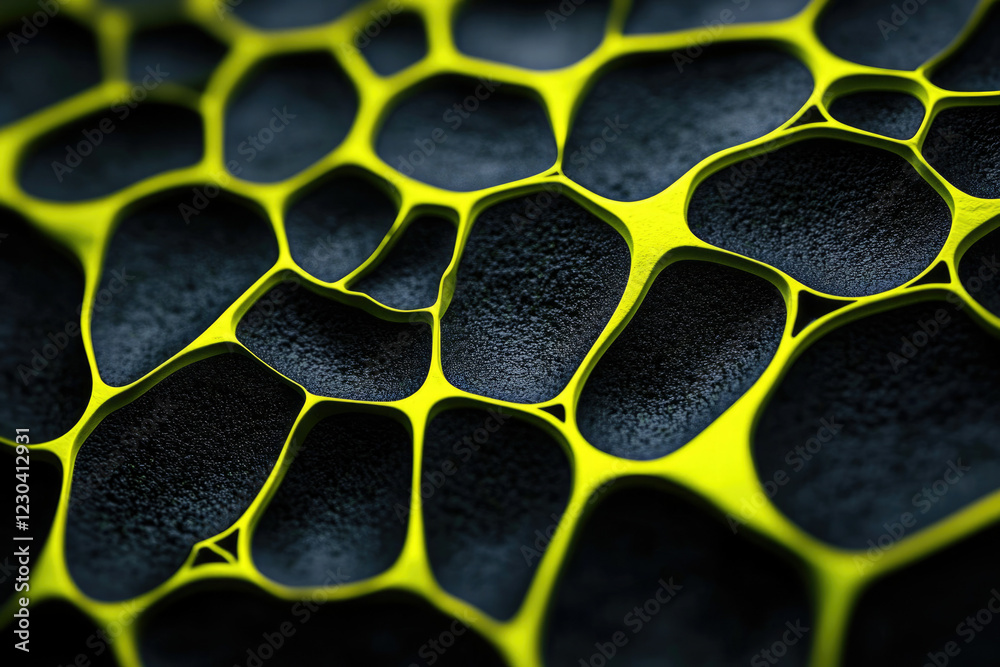 Poster Abstract 3D render of interconnected, irregular, dark and yellow shapes resembling a complex network or cellular structure.