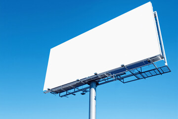 Blank white billboard on a metal structure with a bright blue sky background.