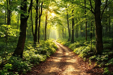 Obraz premium Sunlit forest pathway surrounded by lush green trees and foliage.