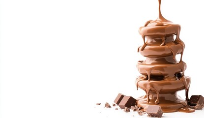 A delicious chocolate fountain with cascading melted chocolate and chocolate pieces below, perfect for desserts and celebrations.