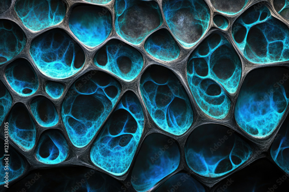 Poster abstract image of interconnected blue glowing cavities within a dark, textured, organic-like structu