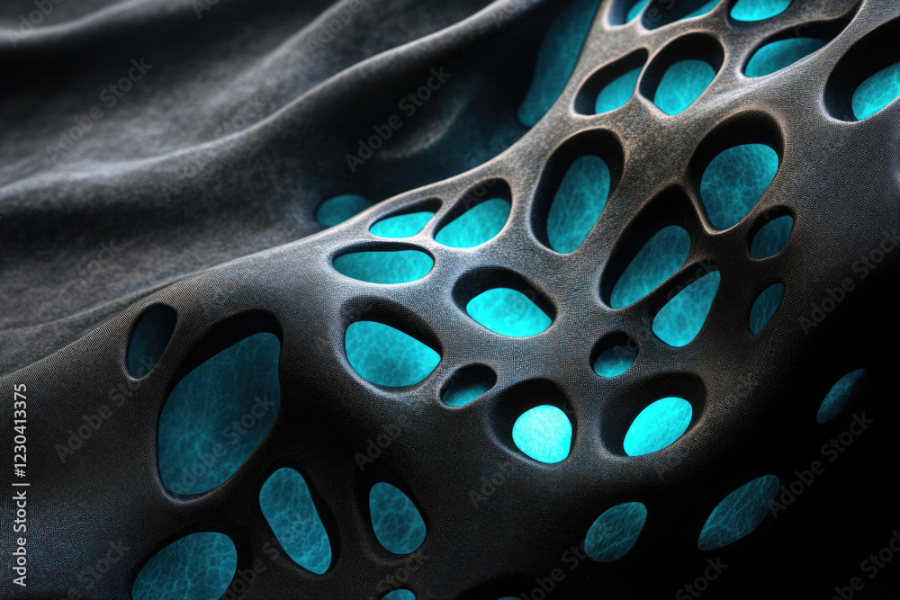 Poster abstract 3d render of a dark, textured surface with glowing cyan holes, resembling futuristic materi