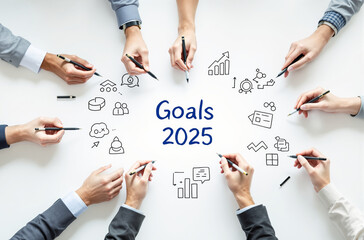 Collaborative brainstorming session with businesspeople planning "Goals 2025" on a white background, surrounded by creative sketches.
