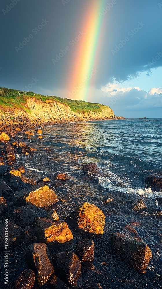 Poster gentle waves lap against the rocky shore under a vibrant rainbow stretching across a moody sky. the 