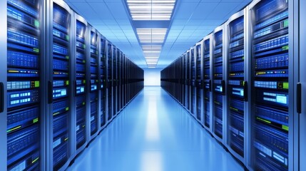 Futuristic data center corridor with rows of servers, illuminated by blue light, showcasing technology